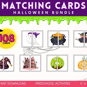 Op de afbeelding: Halloween-thema matching kaartenbundel met 108 kaarten. De kaarten bevatten illustraties van een spook, ketel, heks, hoed, spookhuis, donut en pompoen. De tekst "MATCHING CARDS HALLOWEEN BUNDLE" staat bovenaan.