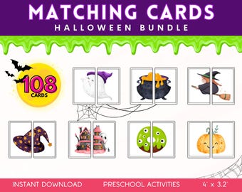 Halloween Matching Game Printable Preschool PreK Learning Bundle Brain Teaser Pattern Recognition Homeschool Resources Montessori Materials