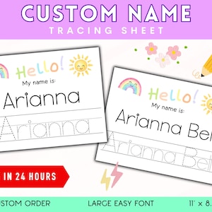 Foglio di tracciamento del nome personalizzato per esercitarsi nella scrittura a mano, fogli di lavoro personalizzati per bambini, risorsa di apprendimento prescolare, download digitale