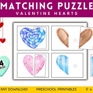 Puede incluir: Un rompecabezas de emparejamiento de San Valentín imprimible para niños de preescolar. El rompecabezas presenta 24 piezas con diferentes diseños de corazón, incluyendo rayas azules y blancas, geométrico rosa y blanco, y marrón con costuras. El rompecabezas mide 11 pulgadas por 8,5 pulgadas.