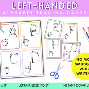 Overtrekkaarten voor letters voor linkshandige kinderen, afdrukbare alfabetwerkbladen, handschriftoefening, schrijfactiviteit