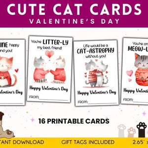 Biglietti di San Valentino stampabili a forma di gatto, biglietti di auguri per amanti dei gatti, biglietti di San Valentino per bambini, biglietti di San Valentino per la scuola, scambio di regali di classe, etichette per feste