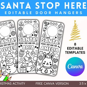 Bewerkbare kerstman Stop Here Kerstdeurhanger voor kinderen Afdrukbaar doe-het-zelfbord Vakantie-activiteit PreK-activiteiten Sneeuwpop Rendier Kleurplaten