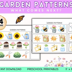 Könnte beinhalten: Ein druckbares Arbeitsblatt mit 24 Gartenmotiven für Vorschulkinder. Das Arbeitsblatt zeigt Bilder von Gießkannen, Blumen, Erde und anderen Gartenartikeln. Der Text "GARDEN PATTERNS" und "WHAT COMES NEXT?" ist oben auf dem Arbeitsblatt gedruckt. Der Text "24 PATTERNS" ist in einem Kreis oben links auf dem Arbeitsblatt gedruckt. Der Text "INSTANT DOWNLOAD" ist unten links auf dem Arbeitsblatt gedruckt. Der Text "PRESCHOOL PRINTABLES" ist unten in der Mitte des Arbeitsblattes gedruckt. Der Text "11" x 8.5" ist unten rechts auf dem Arbeitsblatt gedruckt.