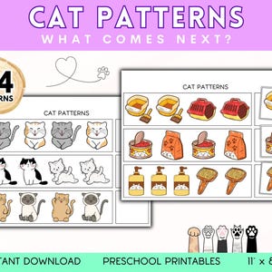 May include: A printable worksheet with 24 cat-themed patterns for preschoolers. The worksheet features a variety of images, including cats, cat food, cat toys, and cat beds. The text "CAT PATTERNS WHAT COMES NEXT?" is at the top of the worksheet. The text "24 PATTERNS" is in a circle at the top left of the worksheet. The text "INSTANT DOWNLOAD" is at the bottom left of the worksheet. The text "PRESCHOOL PRINTABLES" is at the bottom center of the worksheet. The text "11" x 8.5" is at the bottom right of the worksheet.