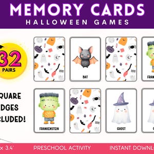 Op de afbeelding: Halloween memory game kaarten met illustraties van vleermuizen, geesten en Frankenstein. De kaarten zijn rechthoekig met vierkante randen en bevatten de tekst "MEMORY CARDS" en "HALLOWEEN GAMES". De set bevat 32 paar en meet 6,35 cm x 8,64 cm.