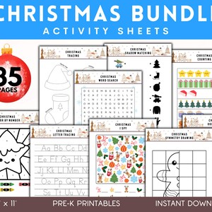 Könnte beinhalten: Ein weihnachtliches Aktivitätsblatt-Bundle mit 35 Seiten. Enthält Malvorlagen, Wortsuchrätsel und Zählaktivitäten. Enthält Vorschul-Vorlagen mit festlichem Design. Die Blätter sind 21,6 cm x 27,9 cm groß und sofort zum Download verfügbar.