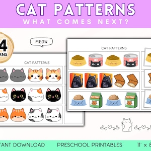 May include: A printable worksheet with 24 cat-themed patterns for preschoolers. The worksheet features a variety of cat illustrations, including cats in different poses, cats with different expressions, and cats with different accessories. The worksheet also includes the words "Cat Patterns" and "What Comes Next?" at the top.