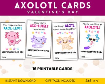 Axolotl-Valentinstagskarten, druckbare Valentinstagskarten für das Klassenzimmer, Valentinstagskarten für Kinder, Austausch von Klassenkameradengeschenken, süße Axolotl-Worte
