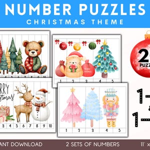 Può includere: Un set di 20 puzzle numerici stampabili a tema natalizio per bambini. I puzzle presentano illustrazioni di un pupazzo di neve, una renna, un orsacchiotto, uno schiaccianoci e alberi di Natale. I puzzle includono i numeri da 1 a 5 e da 1 a 10. I puzzle misurano 28 cm per 21,5 cm.