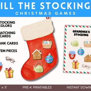 May include: A Christmas-themed game with a red stocking and a matching card. The stocking has various illustrated items, including a gingerbread house and a blue and purple ornament. The game includes 5 stocking colors, 8 matching cards, 4 blank cards, and 56 item pieces.