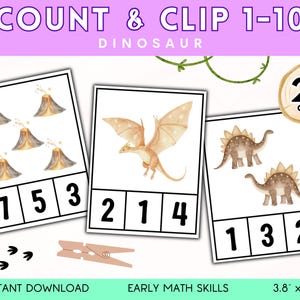 Klemkaarten dinosaurus tellen, cijfers 1 tot en met 10, peuter leren tellen, voorschoolse wiskunde, activiteit dinosaurussen tellen, afdrukbare flashcards