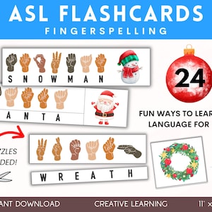 Cartes mémoire ASL Puzzle alphabet langue des signes Jeu d'apprentissage de la langue des signes ASL Orthographe pour débutants Activité de Noël à imprimer