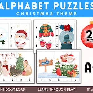 Rompecabezas de letras del alfabeto Rompecabezas del alfabeto para niños Libro de actividades imprimibles de Navidad Juego de reconocimiento de letras Rompecabezas navideños imprimibles