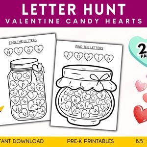 Búsqueda de letras para el día de San Valentín, búsqueda de palabras para el día de San Valentín, actividad preescolar, educación en el hogar, reconocimiento de letras para jardín de infantes, descarga digital en formato PDF