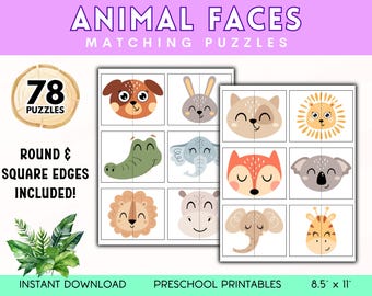 Dierenmatchingspel voor peuters, afdrukbare games voor kinderen, bijpassende kaarten, Montessori-kleuterschool, dierengezichten, symmetriepuzzel, digitaal