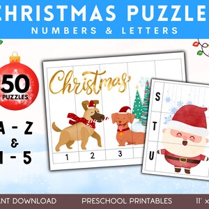 Può includere: Puzzle natalizi con numeri e lettere. L'immagine mostra due puzzle con cani e Babbo Natale. I puzzle sono per bambini in età prescolare e includono 50 puzzle con le lettere A-Z e i numeri 1-5.