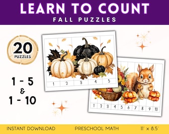 May include: Educational fall-themed puzzles with pumpkins and a squirrel. The puzzles teach counting from 1 to 5 and 1 to 10. The image includes the text "LEARN TO COUNT" and "FALL PUZZLES". The puzzles are 11 x 8.5 inches.