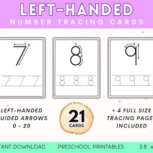 May include: A set of preschool number tracing cards for left-handed children. The cards feature the numbers 7, 8, and 9 with directional arrows. The set includes 21 cards and 4 full-size tracing pages. The cards measure 3.8" x 5".