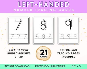 Left Handed Number Tracing Flashcards 0-20 Handwriting Practice Printable Math Worksheets Kindergarten Pre-K Preschool Activity Homeschool