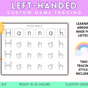 Left Handed Personalized Name Tracing Sheet Learn to Write Handwriting Practice Fine Motor Skills PreK Preschool Activity PDF Download
