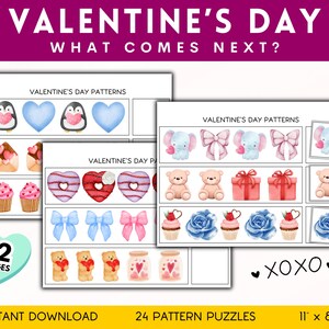 May include: A printable set of 12 pages of Valentine's Day pattern puzzles for kids. Each page features a different pattern of Valentine's Day themed images, such as hearts, cupcakes, and teddy bears. The text "VALENTINE'S DAY PATTERNS" and "WHAT COMES NEXT?" is at the top of the page. The text "12 PAGES" is in a pink heart shape. The text "INSTANT DOWNLOAD" is at the bottom of the page. The text "24 PATTERN PUZZLES" is at the bottom of the page. The text "11 x 8.5" is at the bottom of the page.