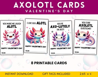 Axolotl Valentine's Day Cards for Kids, Printable Valentines Classroom Cards, Alotl Gift Tags, Class Party Favors, Cute Axolotl Puns