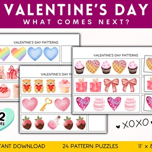 Puede incluir: Un conjunto imprimible de 12 páginas de rompecabezas de patrones del Día de San Valentín. Cada página presenta un patrón diferente de imágenes con temática del Día de San Valentín, como corazones, cupcakes y regalos. El texto "VALENTINE'S DAY PATTERNS" y "WHAT COMES NEXT?" está en la parte superior de la página. El texto "12 PAGES" está en forma de corazón en la parte inferior de la página. El texto "INSTANT DOWNLOAD", "24 PATTERN PUZZLES" y "11 x 8.5" está en la parte inferior de la página.
