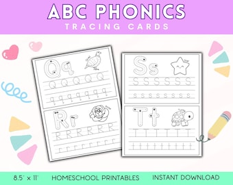 Schede per imparare a tracciare le lettere dell'alfabeto per bambini, riconoscimento delle lettere in età prescolare, stampabili, download in PDF, istruzione domiciliare, apprendimento precoce, flashcard fonetiche dell'alfabeto.
