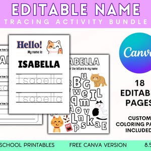 May include: Printable worksheet for tracing the letters in the name "Isabella". The worksheet features a cat illustration and the text "Hello! My name is: ISABELLA". There are three lines for tracing the name, and a separate page with the letters of the name to be circled.