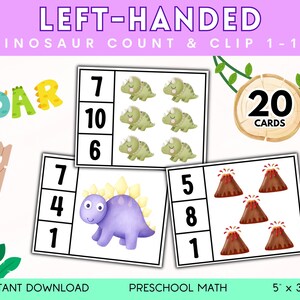 Cartes à clip pour compter les dinosaures, Imprimables pour gauchers pour enfants, Activités sur les dinosaures, Mathématiques préscolaires, Reconnaissance des nombres, Outil d'apprentissage pour gaucher