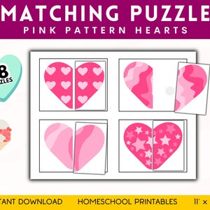 Attività stampabili per San Valentino, Attività per la scuola materna per San Valentino, Gioco di abbinamento dei cuori, Puzzle di simmetria, Abilità di riconoscimento di schemi