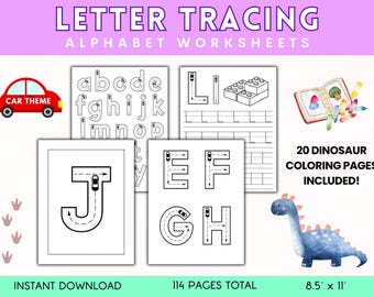 Letter Tracing Printable Workbook, Preschool Alphabet Coloring Page, Dinosaur Coloring Book, Handwriting Practice, Preschool Kindergarten