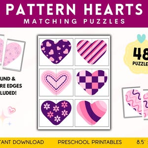 Atividade para imprimir para o dia dos namorados, Cartões correspondentes para crianças, Jogo de simetria do coração, Material Montessori, Pré-escola e criança pequena, Educação domiciliar