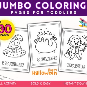 Könnte beinhalten: Ein Malbuch zum Thema Halloween für Kleinkinder. Das Cover zeigt drei Malvorlagen mit einem Hexenhut, einem Kessel und einem Vampir. Der Text lautet "JUMBO MALVORLAGEN FÜR KLEINKINDER" und "30 SEITEN".