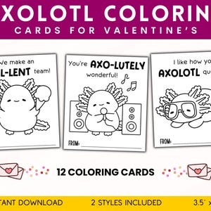 Dibujos para colorear de axolotl, tarjetas de San Valentín con axolotl, tarjeta de San Valentín imprimible, divertido intercambio escolar en el aula, descarga digital en formato PDF
