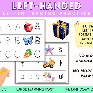 Hojas de práctica de escritura a mano para niños, los niños aprenden a escribir el alfabeto, libro de trabajo de seguimiento para zurdos, seguimiento de letras, descarga digital