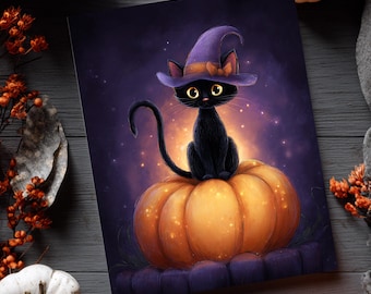Black Cat Halloween Art Print – Witch Cat on Pumpkin (Digital Download)