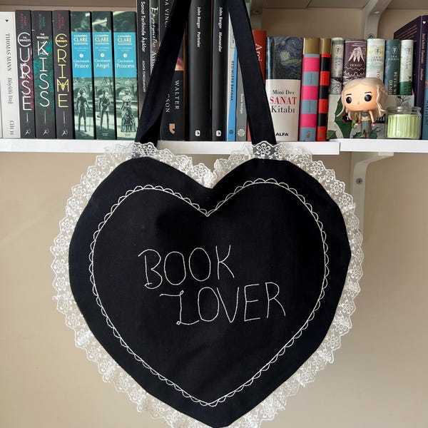 Heart Shaped Tote Bag, Book Lover Gift, Black Tote Bag, Hand Embroidered Gift, Aesthetic Bag, Book Lover Shoulder Bag, With Inner Pockets
