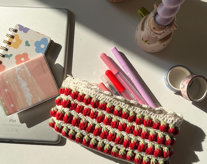 Strawberry Crochet Pencil Case, Cute Strawberries, Gift For Friends, Handmade Gifts, School Pencil Case, Zippered Pouch, Hand Knitted Cases