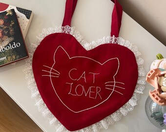 Heart Shaped Tote Bag, Cat Lover Tote Bag, Hand Embroidered Gift