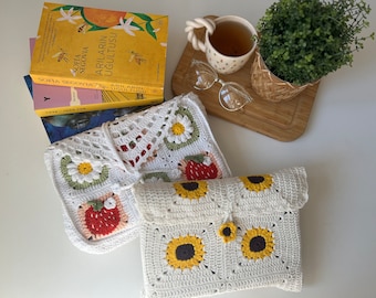 Funda de libro de crochet, funda de libro hecha a mano, regalo para amantes de los libros, funda de libro de crochet con girasoles, regalo para lectores, funda de libro, protector de libro