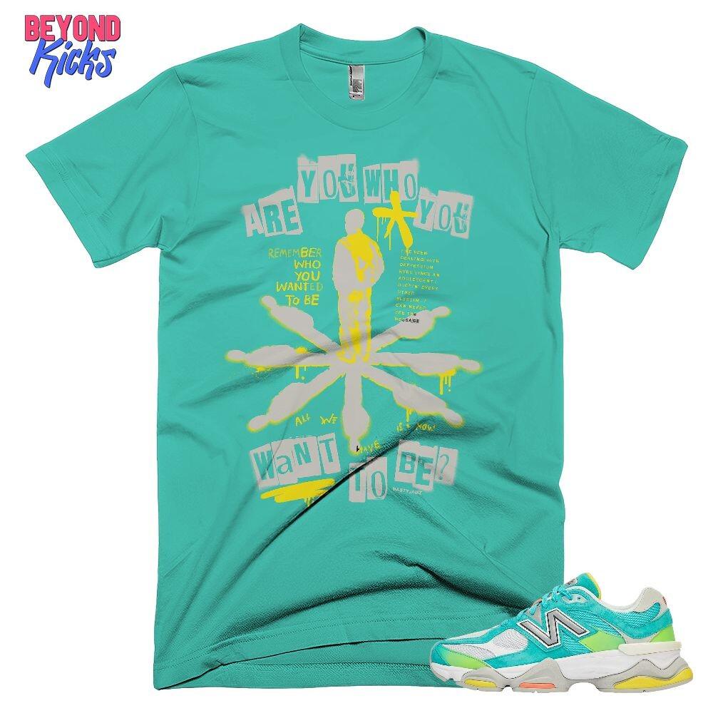 NBL Cyan Burst 9060 Who Are You groen geel wit shirt Match-sneaker, canvas Bella-shirt