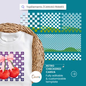 May include: A white t-shirt with a graphic design of two red cherries with a pink bow on top. The cherries are on a purple and white checkered background with white flowers. The text "Canva" is in the lower left corner of the image. The text "Retro Checkered Canva" is in the lower right corner of the image. The text "Fully editable & customizable template" is below the text "Retro Checkered Canva".
