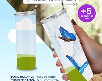 May include: A stainless steel tumbler with a blue sky, green grass, and white clouds design. The tumbler has a lid and a straw. The design is fully editable and customizable.