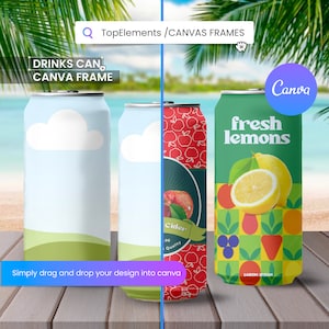 Editable Drinks Can Canva Frame, Templates party favor mockup, drag and drop soda can, digital download Canva soda can party, unique designs