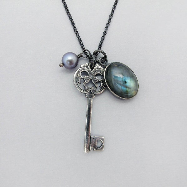 skeleton key necklace labradorite necklace charm necklace key necklace silver necklace victorian inspired necklace gift under 100