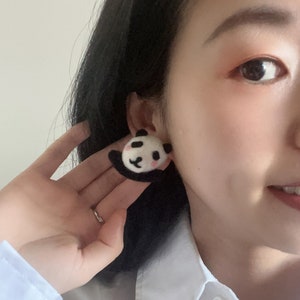 Handmade Wool Felt Panda Jewelry Set: Earrings, Ring, Brooch