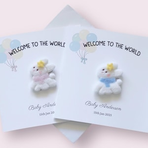 Cartão personalizado para recém-nascido com broche de feltro removível, ímã ou presilha de cabelo — presente de boas-vindas ao mundo para recém-nascidos