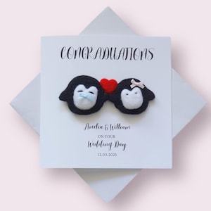 Personalisierte Pinguin-Hochzeitskarte und Andenken Geschenk | Abnehmbarer Filz Pinguin Paar Magnet | Brautpaar | Brautpaar | Mr & Mrs Karte
